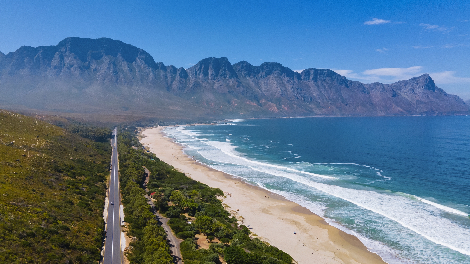 Kogelbay beach Western Cape South Africa, Kogelbay Rugged Coast Line with spectacular mountains. Garden route, drone aerial view at the road and beach
